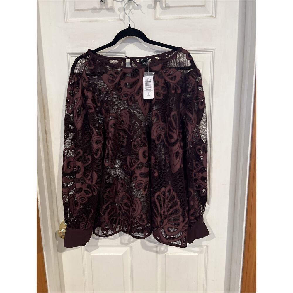 NWT Torrid Blouse Mesh Burgundy Long Sleeve Embroidery Women’s Plus Size 2 18 20